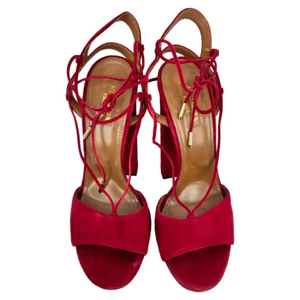 Aquazzura Austin Platform Sandal heels in Burgundy Suede